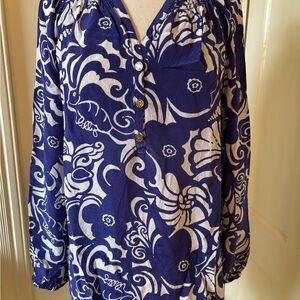 Lily Pulitzer Women's Blue and White Floral Silk Button-Front Blouse